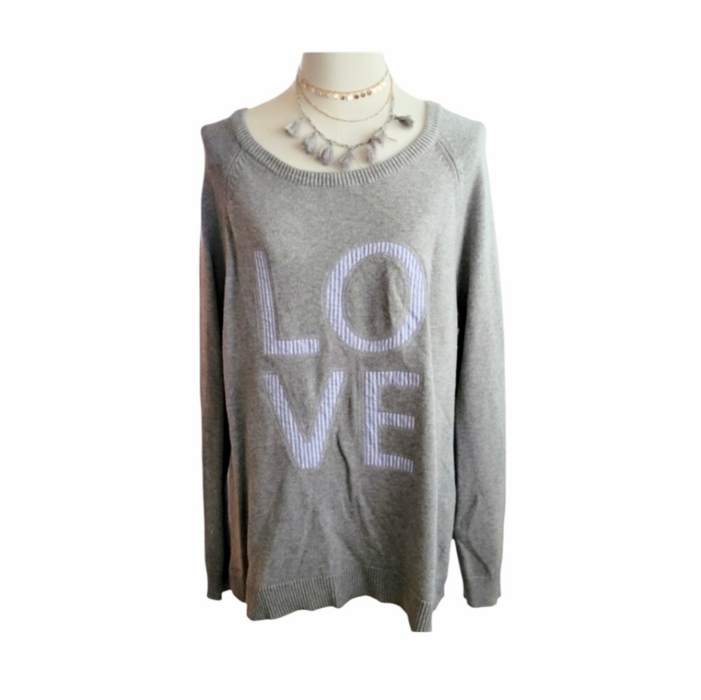 Vintage GAP Gray 100% Cotton Sweater With Blue White Striped Love Size Large